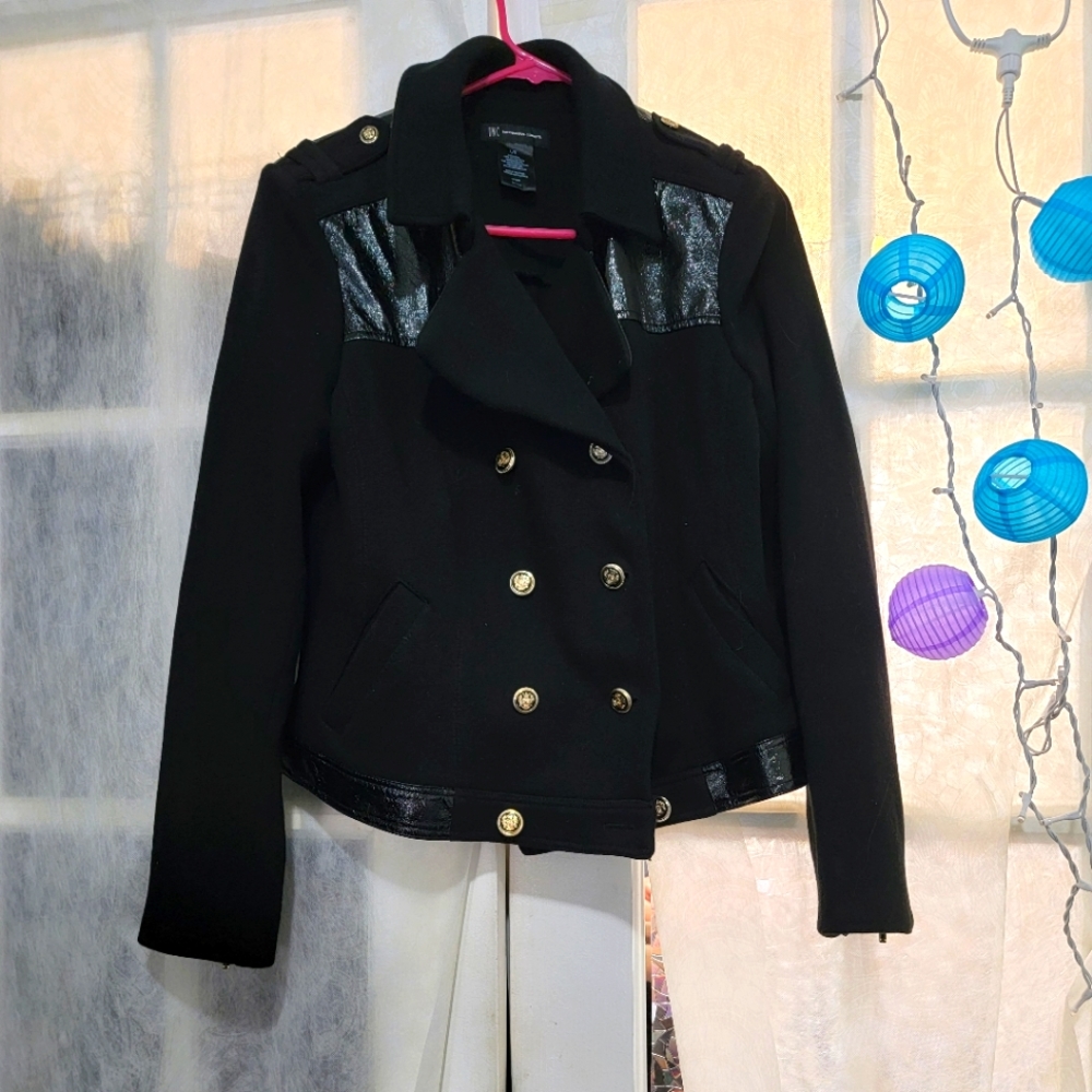 Stylish black coat -  gold toned and black buttons, satin feel lined sleeves.